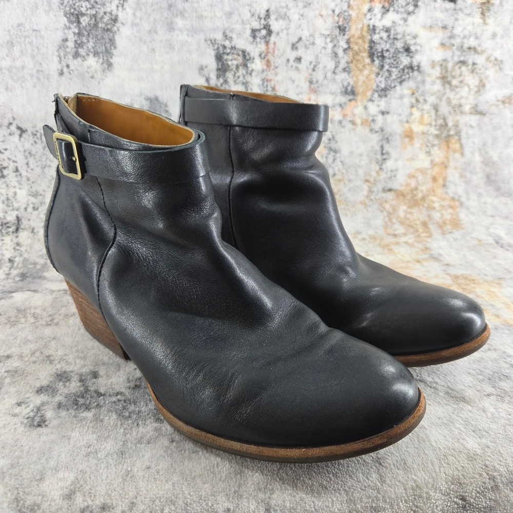 Kork Ease Velma Ankle‎ Boots Womens 7 Black Leather Back Zip Buckle Block Heel